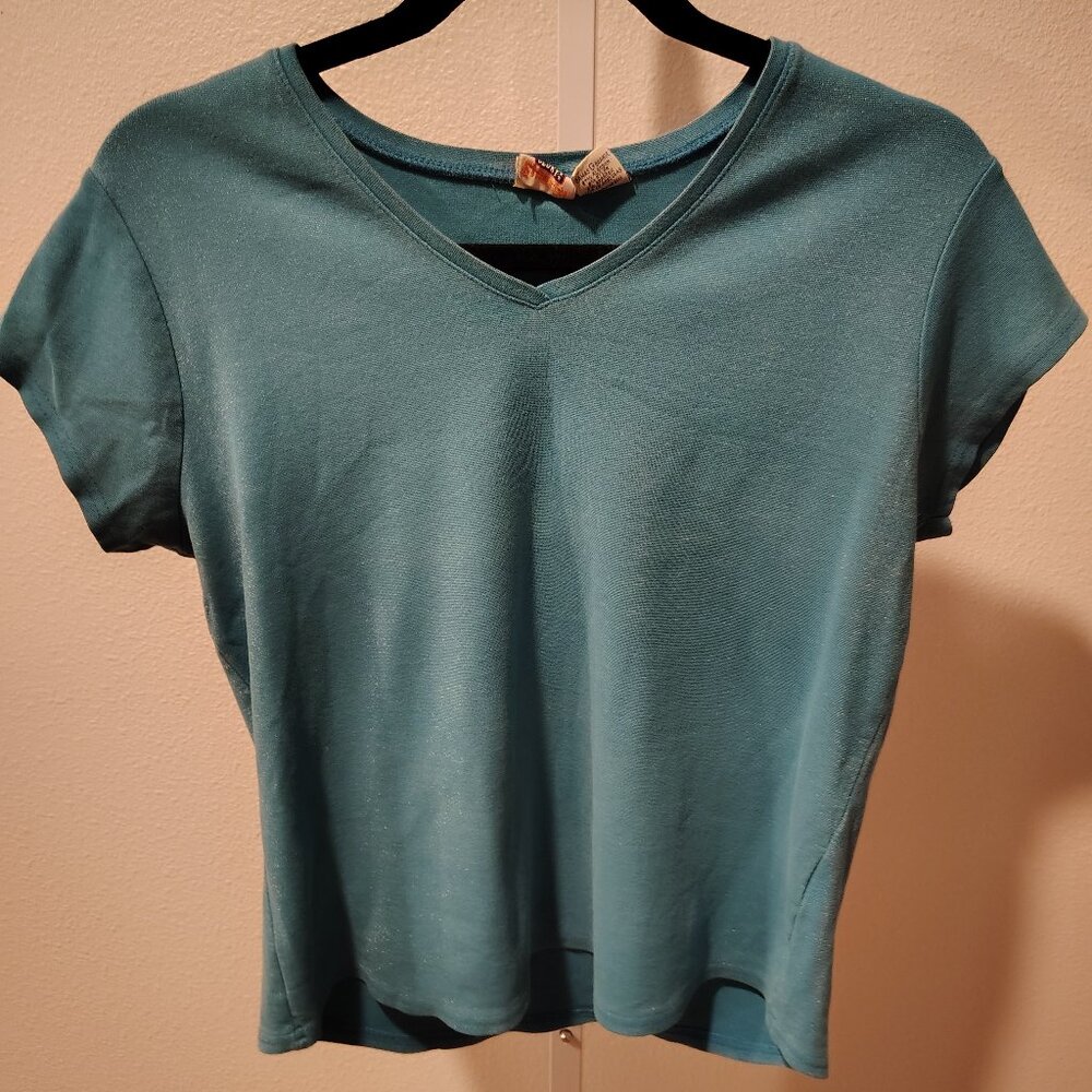 Faded Glory Women's Stretch Short Sleeve Top Size Large Green V-Neck